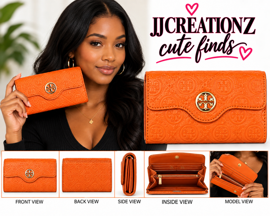 Black & Orange Designer-Inspired Continental Wallet with Gold Accents