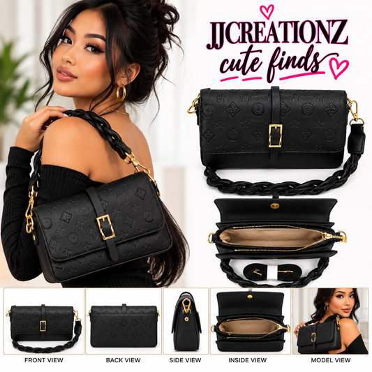 Black Monogram Crossbody Handbag with Braided Strap