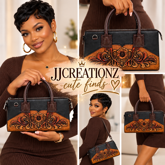 Genuine Leather Tooled Floral Satchel Handbag