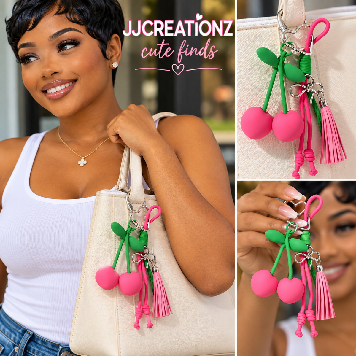 🍒 Plush Cherry Keychain with Rope Tassels – Handmade Fruit Bag Charm