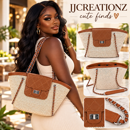Cream Woven Raffia Chain Strap Tote Bag