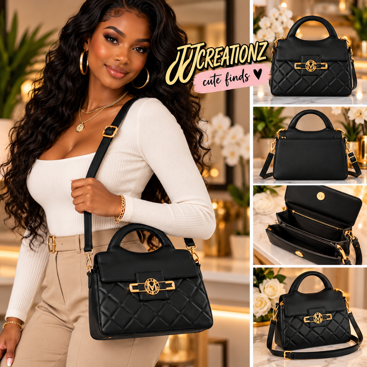 Black Quilted Top Handle Crossbody Bag