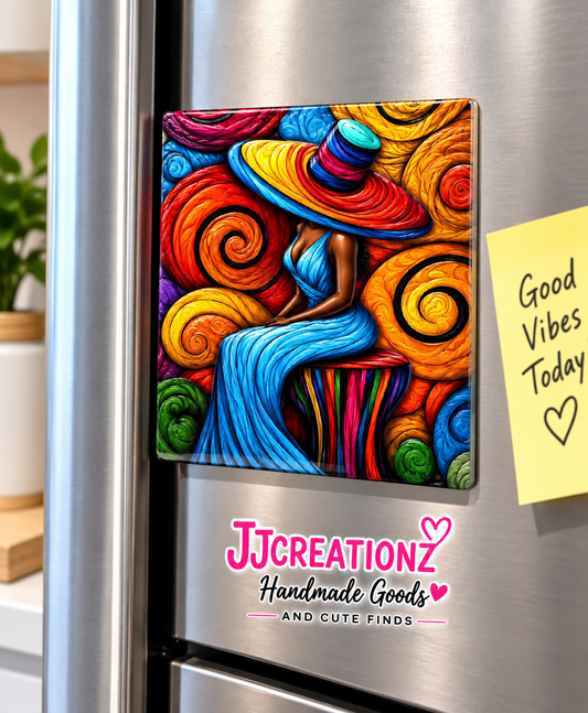 Colorful Abstract Black Woman Decorative Magnet Tile | Afrocentric Wall Art | Handmade-Inspired Home Decor Magnet