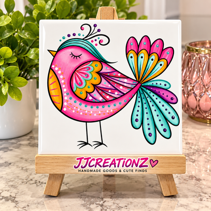 Whimsical Pink Songbird Decorative Tile – Handmade Folk Art Wall Décor