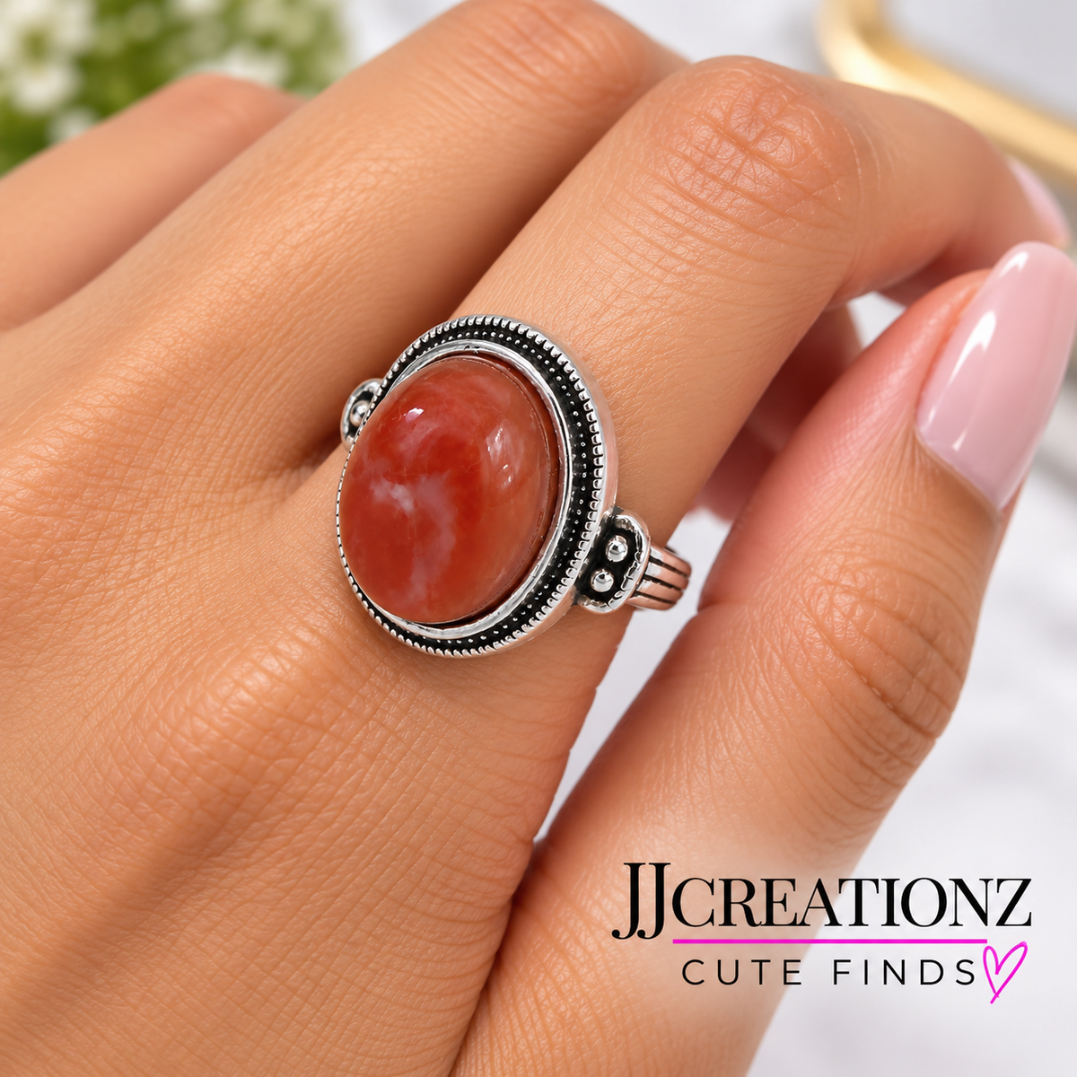 Vintage Oval Carnelian-Style Adjustable Stainless Steel Ring