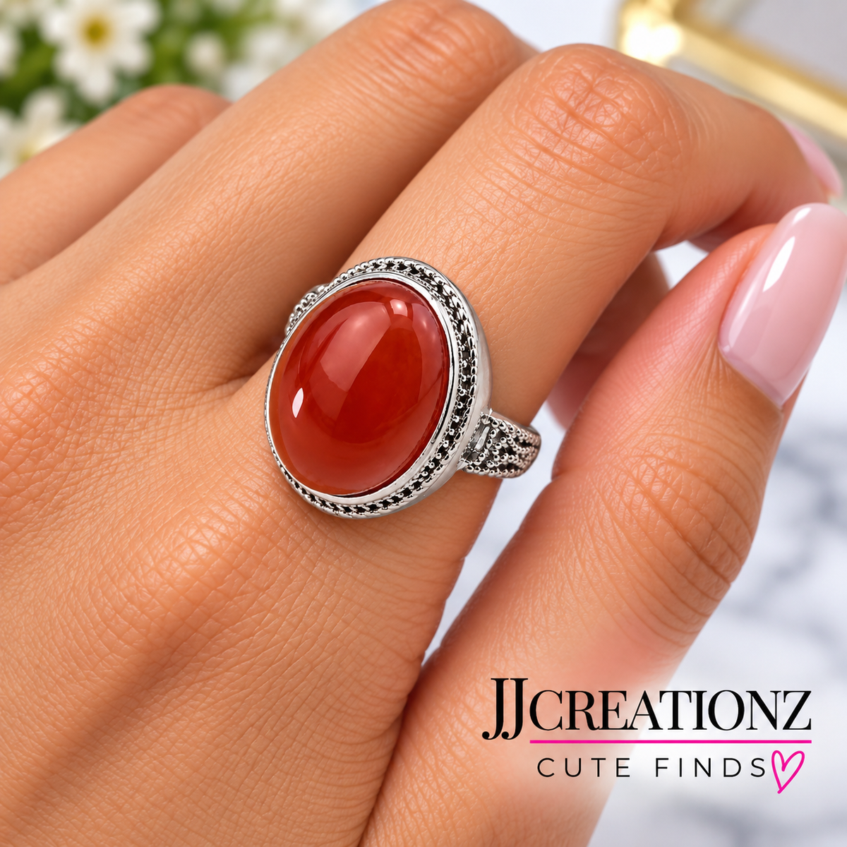 Adjustable Stainless Steel Carnelian-Style Statement Ring