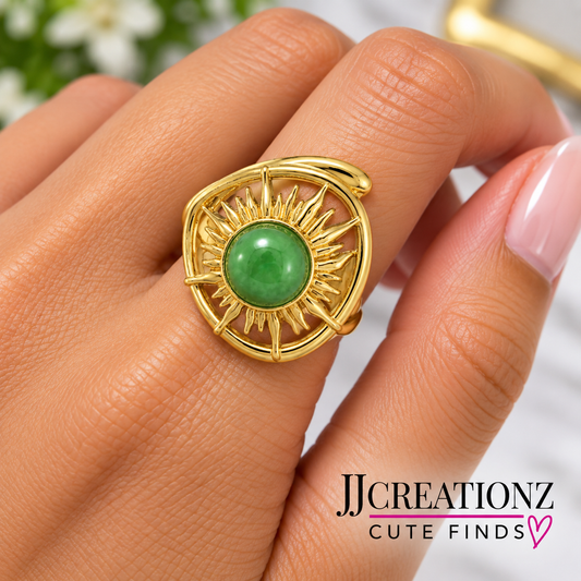 Golden Sunburst Green Stone Statement Ring