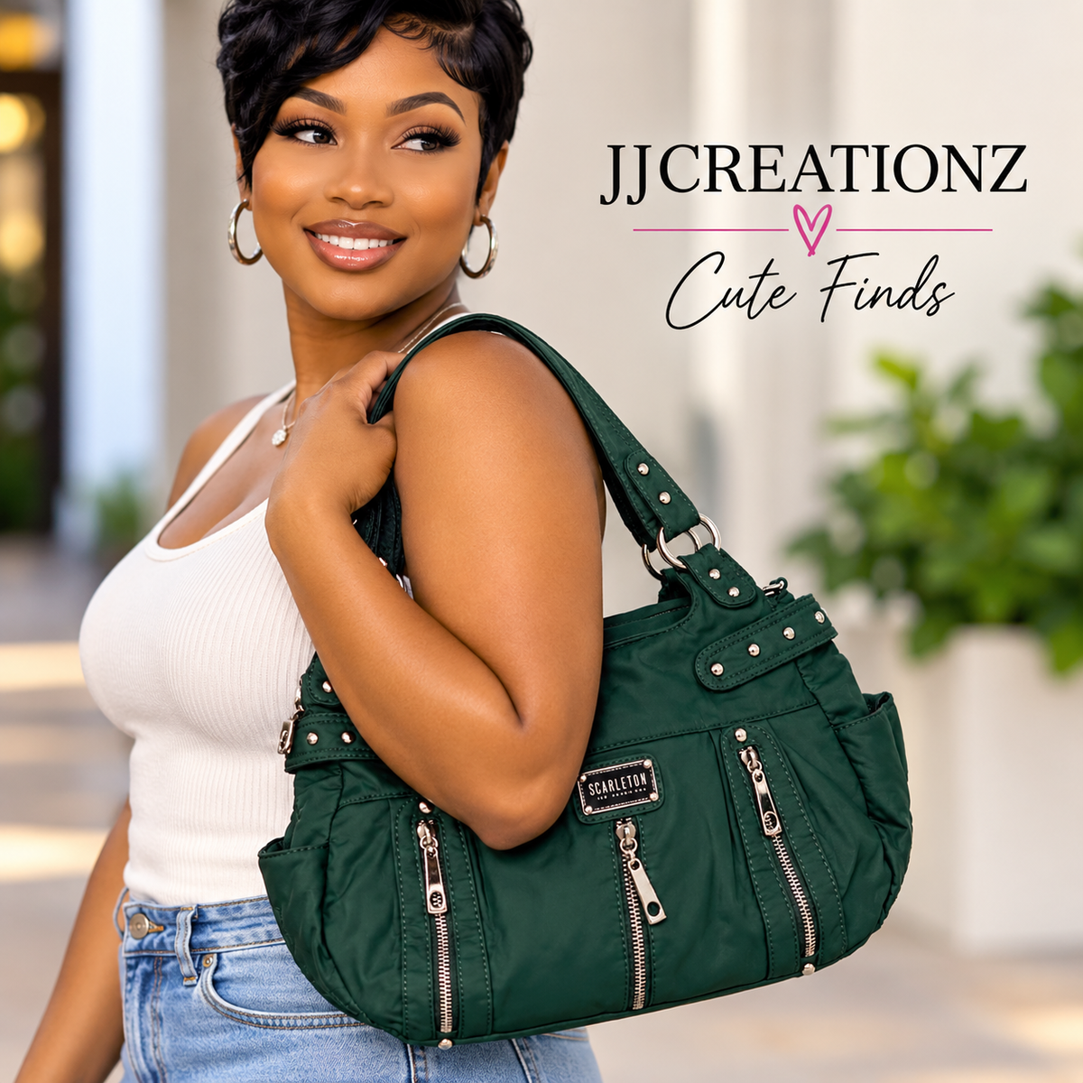 Scarlenton Emerald Green Multi-Zip Shoulder Bag