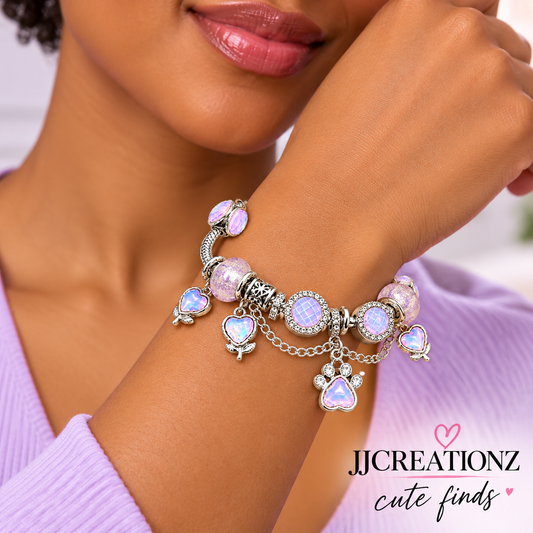 Pink Opal Paw & Heart Charm Bracelet