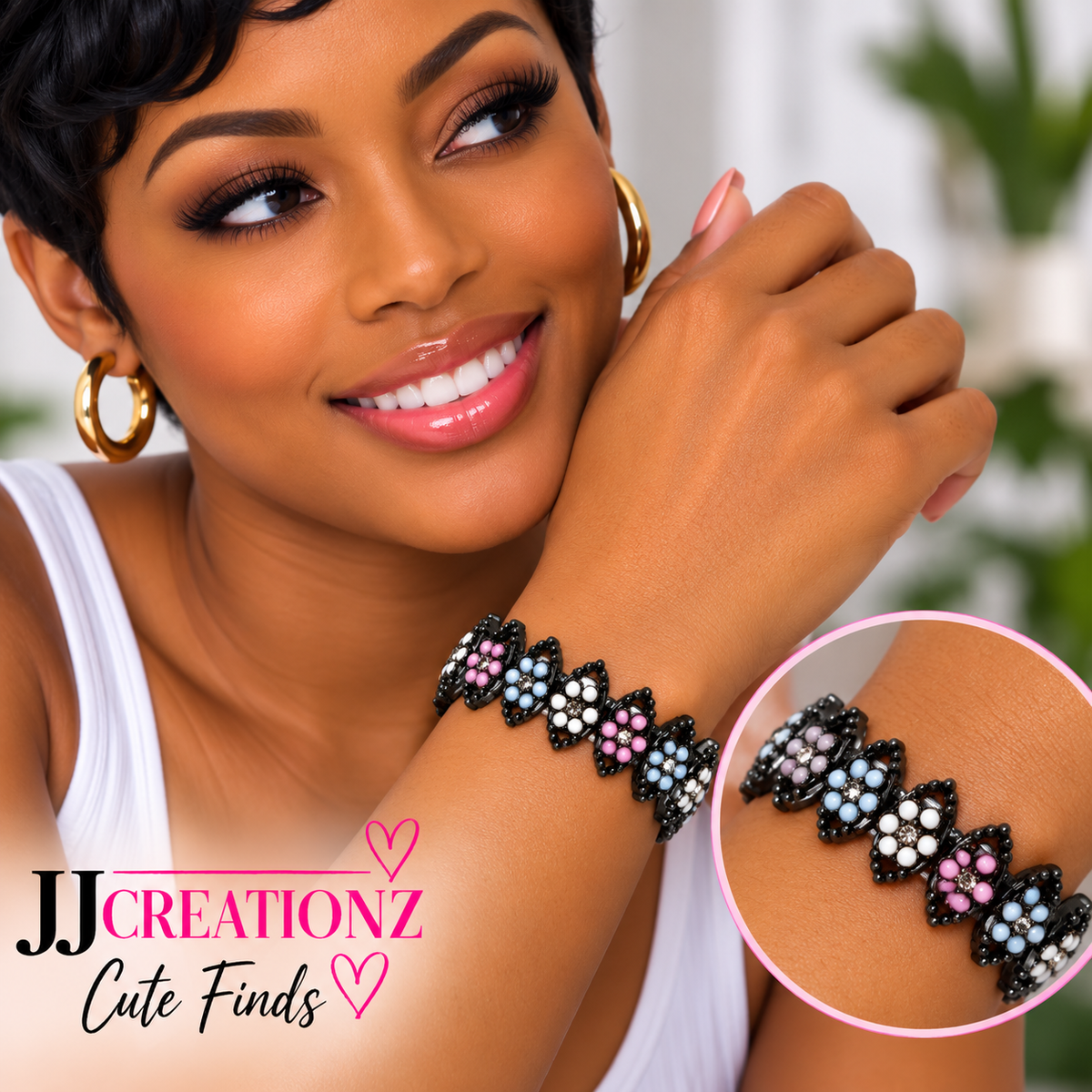 Pastel Floral Gunmetal Stretch Bracelet