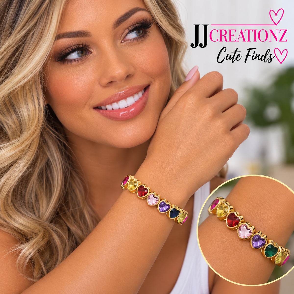 Rainbow Heart Gemstone Gold-Tone Stretch Bracelet