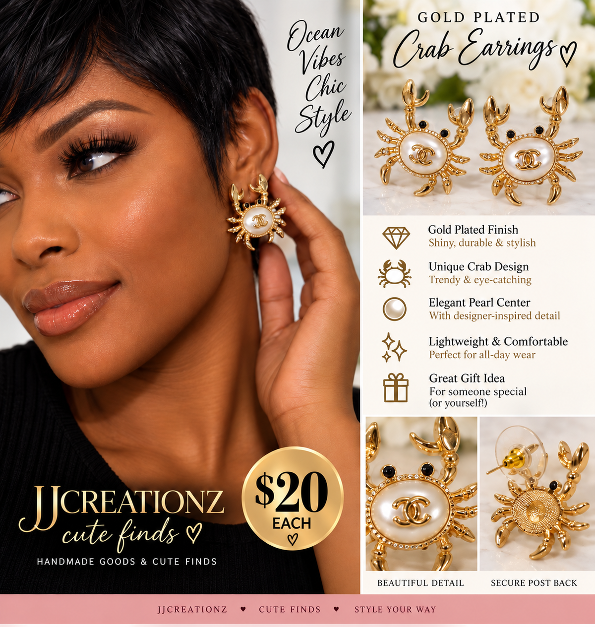 Gold-Plated Crab Statement Earrings with Pearl Center – Coastal Chic Jewelry