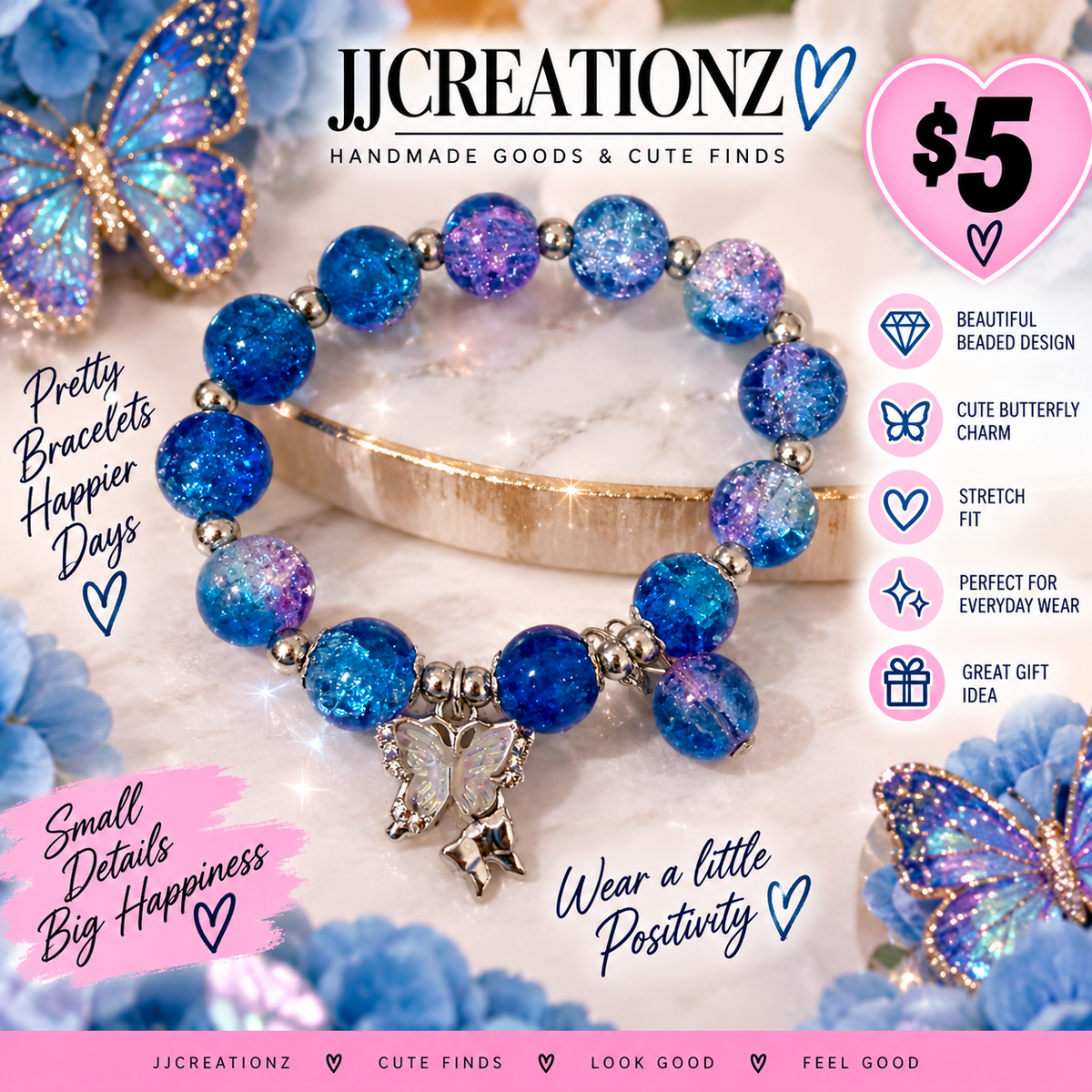 Blue & Purple Butterfly Charm Stretch Bracelet – Sparkle Beaded Bracelet