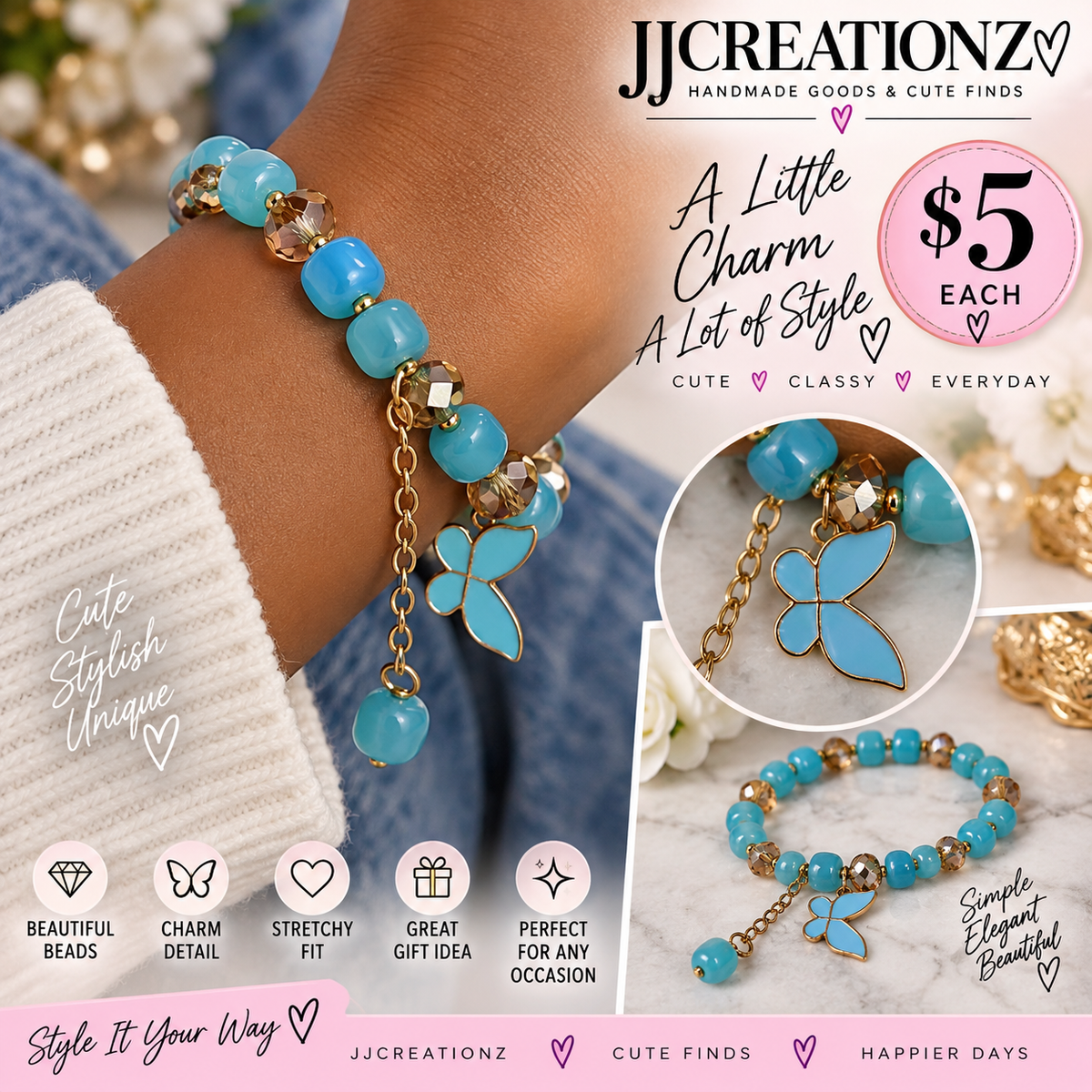 Turquoise Butterfly Charm Stretch Bracelet