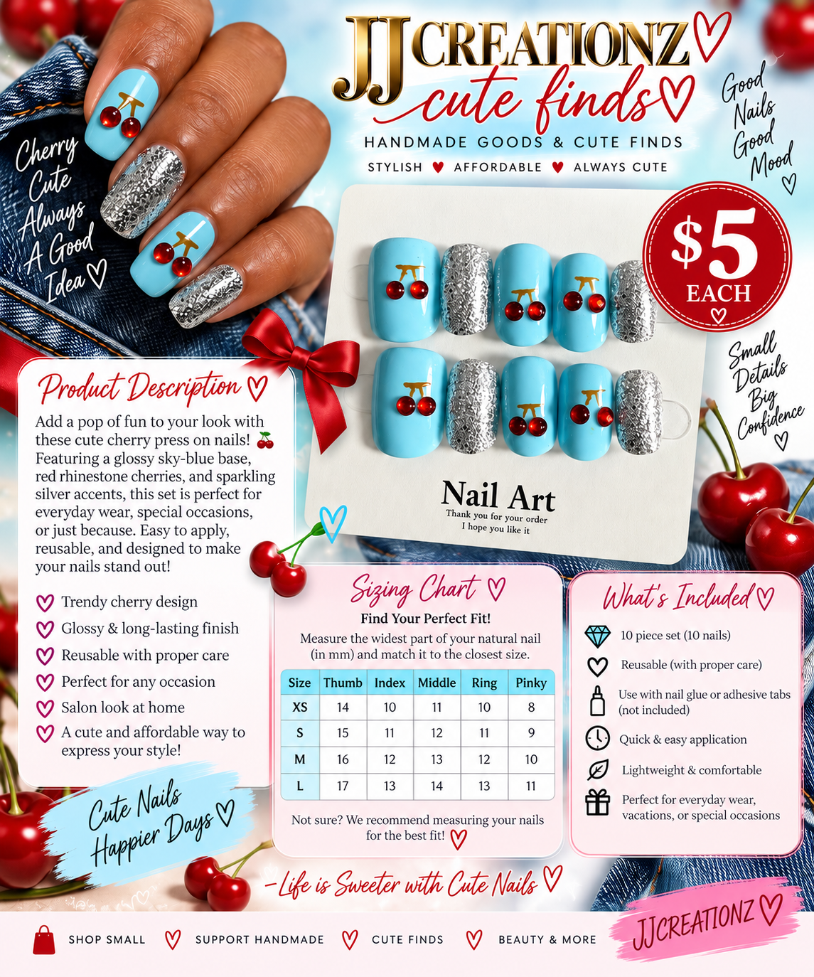 Sky Blue Cherry Press-On Nails – 10 Piece Set