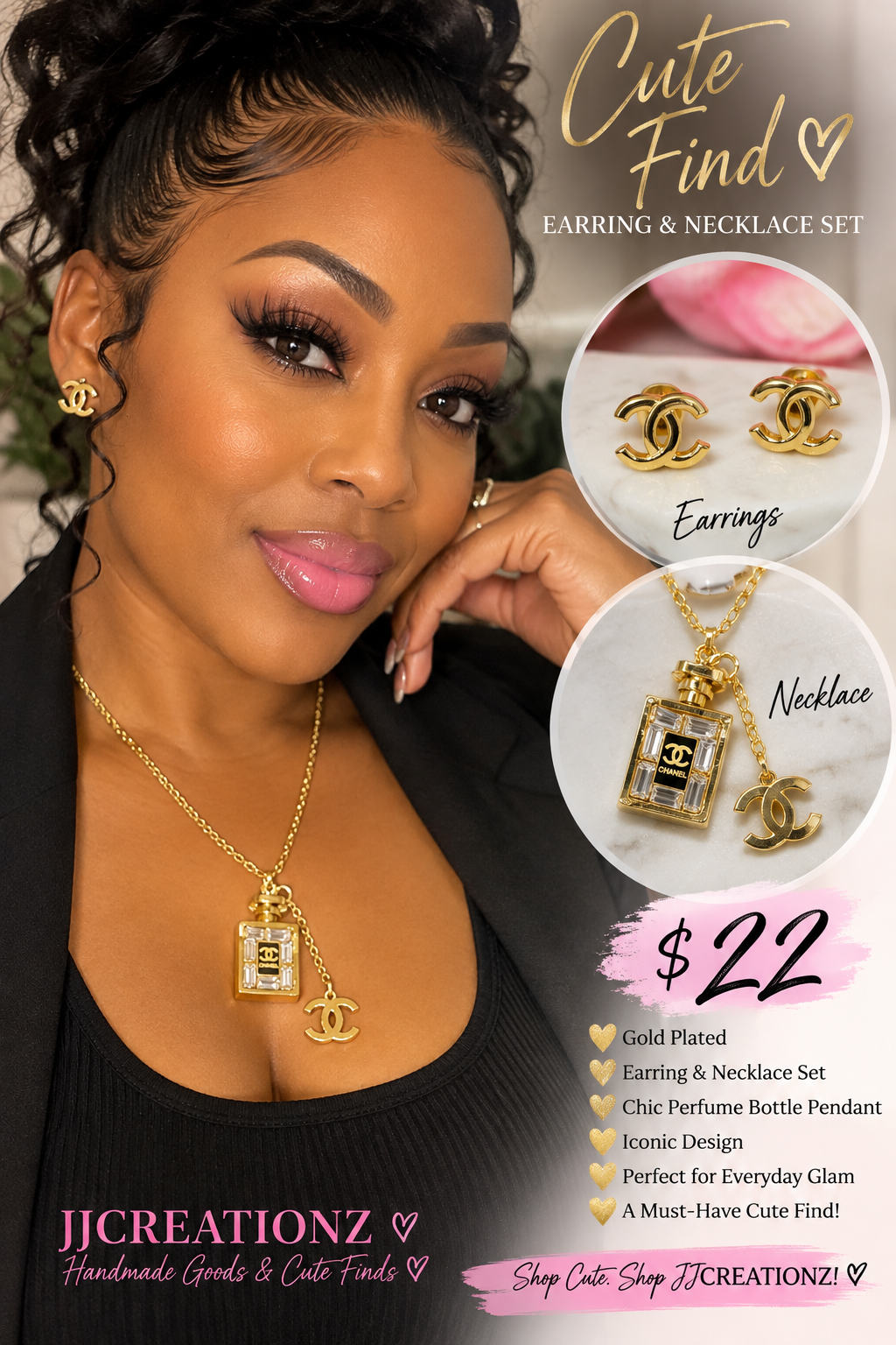 Gold-Plated Designer-Inspired Perfume Bottle Necklace & CC Stud Earring Set – 2-Piece Jewelry Set