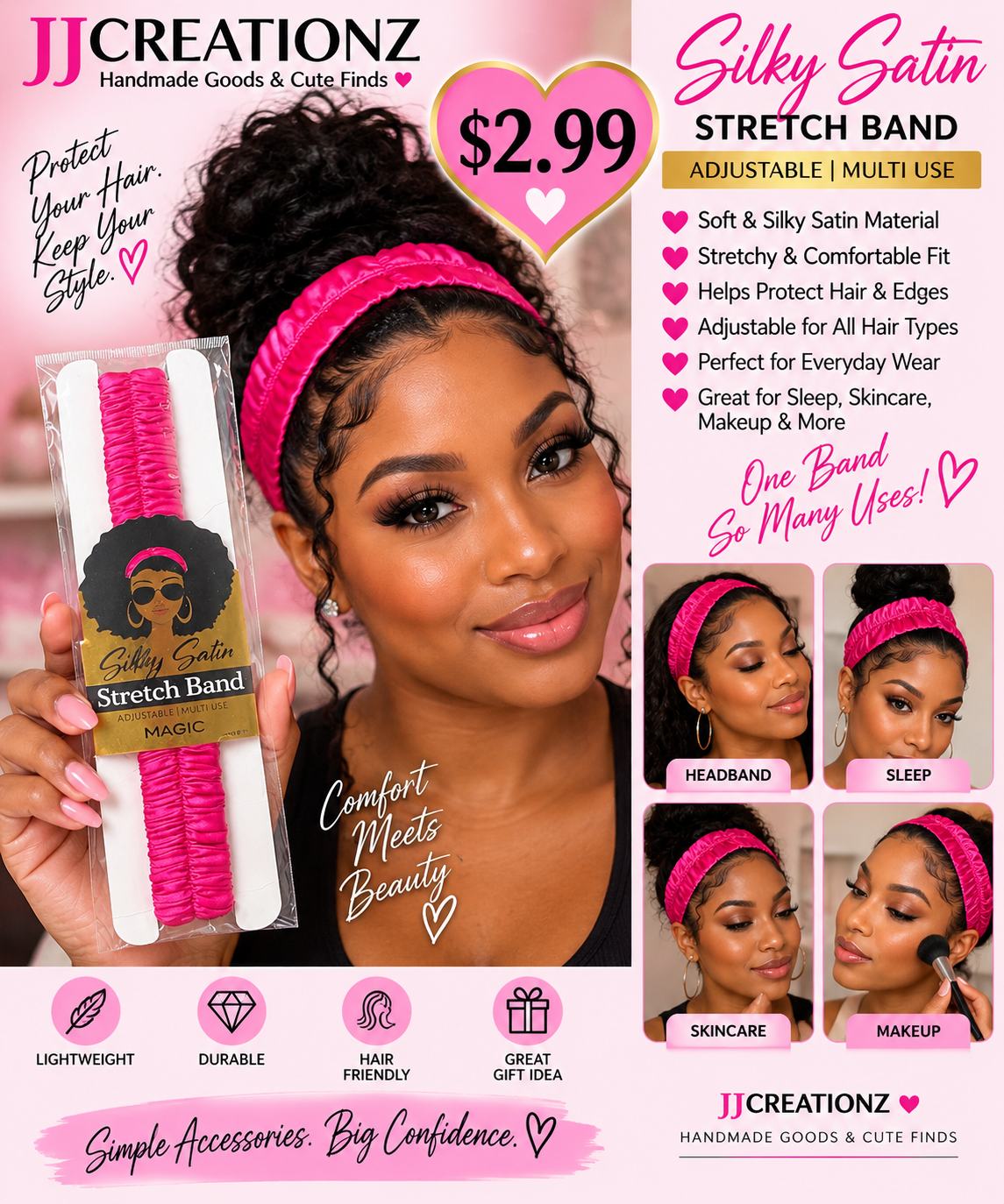 Silky Satin Stretch Hair Band – Hot Pink Adjustable Multi-Use Headband