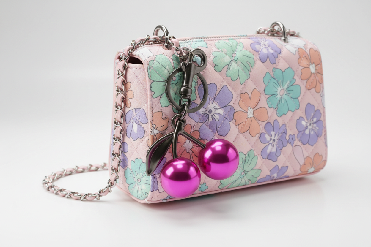 Pink Cherry Charm Keychain – Glossy Metallic Bag Charm
