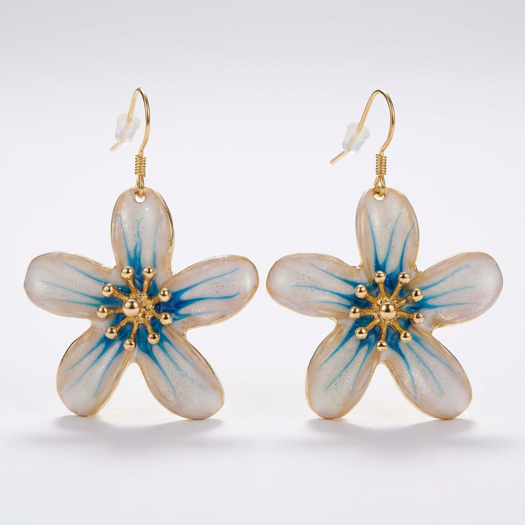 White & Blue Flower Drop Earrings – Elegant Floral Statement Jewelry