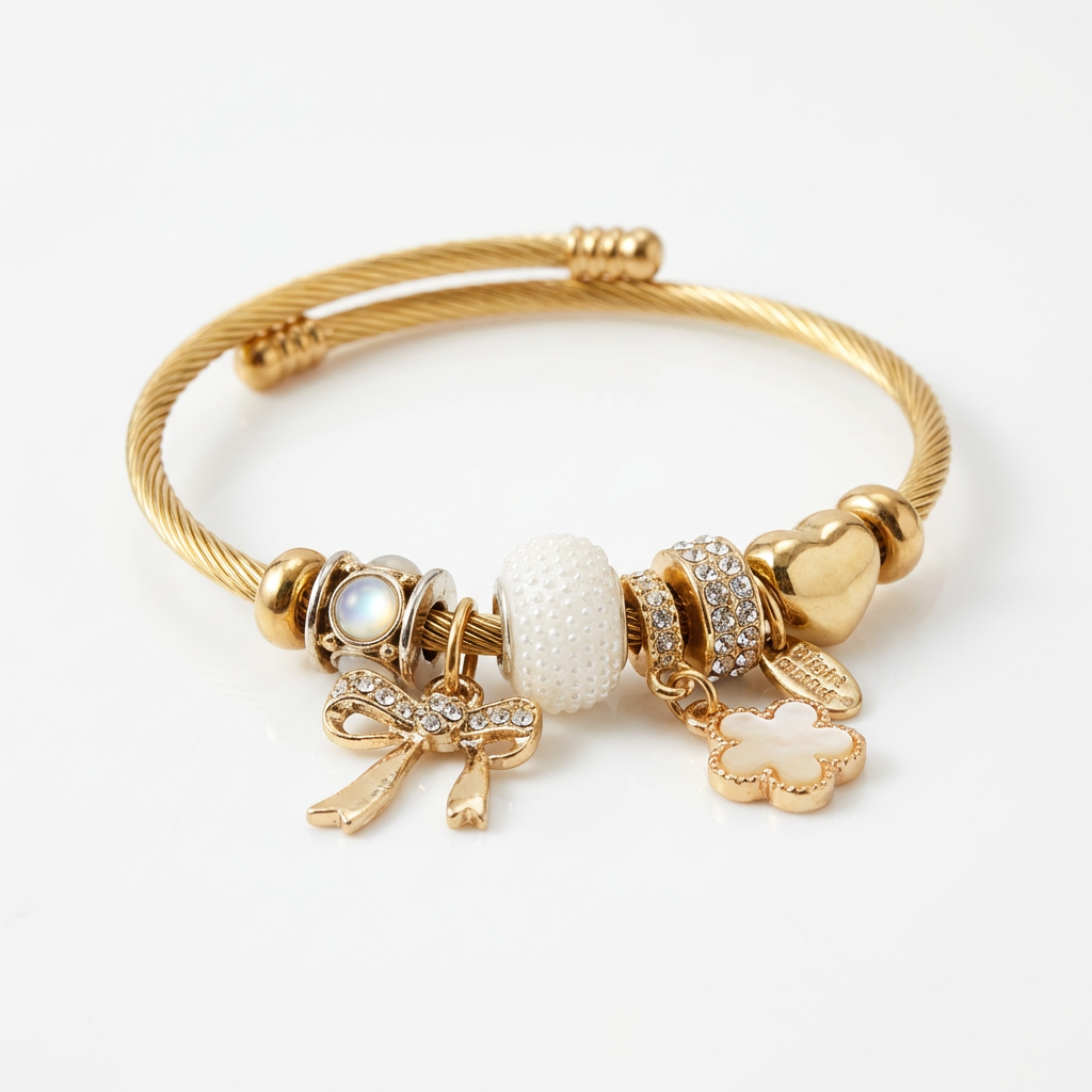 Gold Charm Bangle Bracelet – Elegant Bow & Floral Charm Jewelry