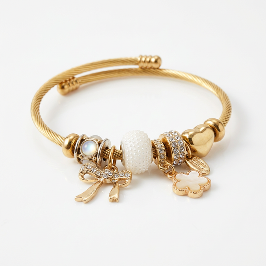 Gold Charm Bangle Bracelet – Elegant Bow & Floral Charm Jewelry