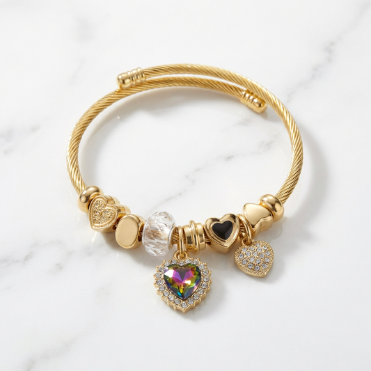 Gold Heart Charm Bangle Bracelet – Crystal & Rhinestone Love Bracelet