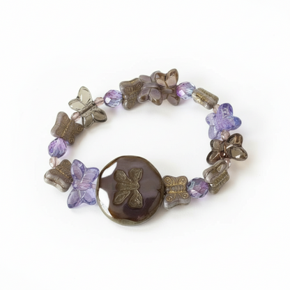 Butterfly Bloom Stretch Bracelet – Purple & Bronze Elegance