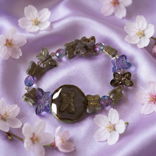 Butterfly Bloom Stretch Bracelet – Purple & Bronze Elegance