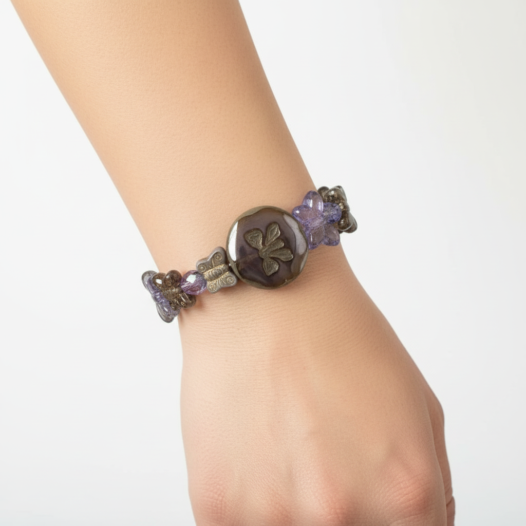 Butterfly Bloom Stretch Bracelet – Purple & Bronze Elegance