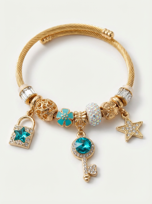 Gold-Tone Charm Bangle Bracelet – Teal Crystal Lock, Key & Star Charm Bracelet