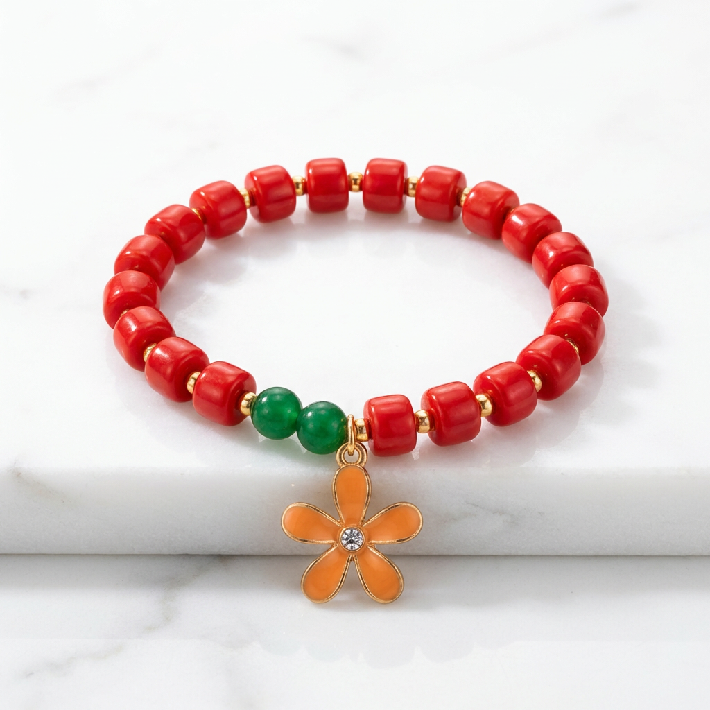 Red Beaded Flower Charm Bracelet – Handmade Statement Jewelry