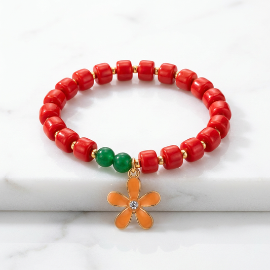 Red Beaded Flower Charm Bracelet – Handmade Statement Jewelry