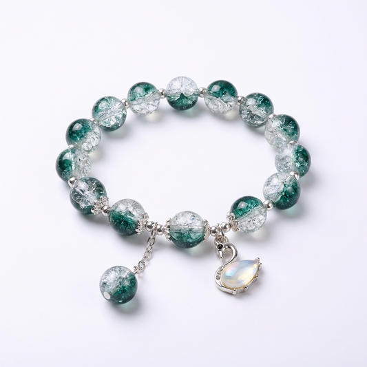 Elegant Green Crackle Bead Swan Charm Bracelet