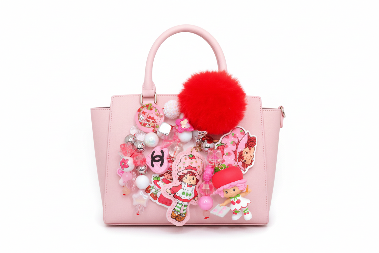 🍓 Strawberry Shortcake Bag Charm – Pink Beaded Accessory with Pom-Pom 🍓