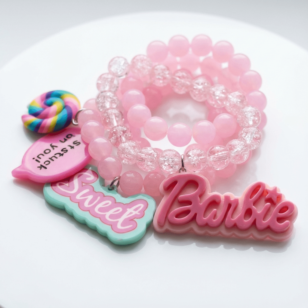 💖 Sweet Barbie-Inspired Pink Beaded Bracelet Set – Cute Kawaii Jewelry