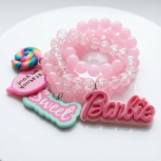 💖 Sweet Barbie-Inspired Pink Beaded Bracelet Set – Cute Kawaii Jewelry