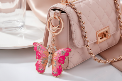Pink Crystal Butterfly Keychain – Elegant Enamel & Rhinestone Bag Charm