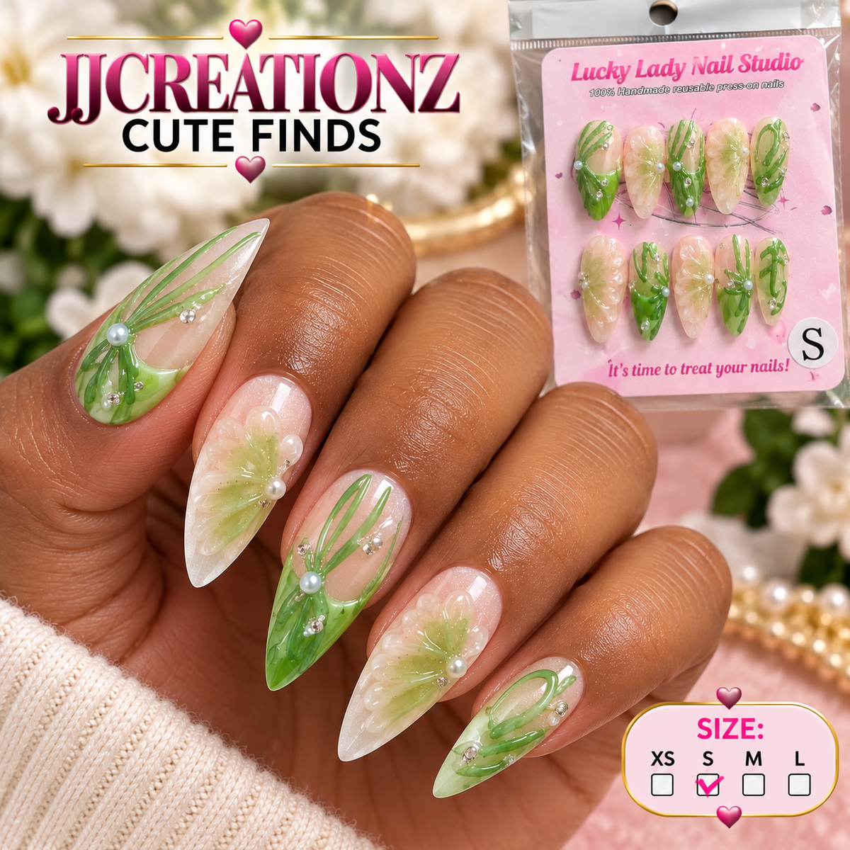 Enchanted Green Garden Floral Press-On Nails – Size Small