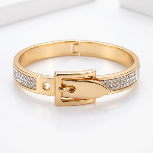 Gold-Tone Crystal Belt Bangle Bracelet – Sparkling Buckle Design