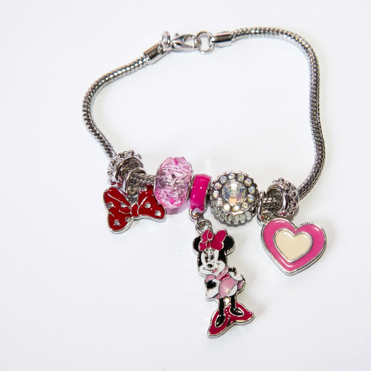 Minnie-Inspired Charm Bracelet – Pink & Red Heart Bow Design