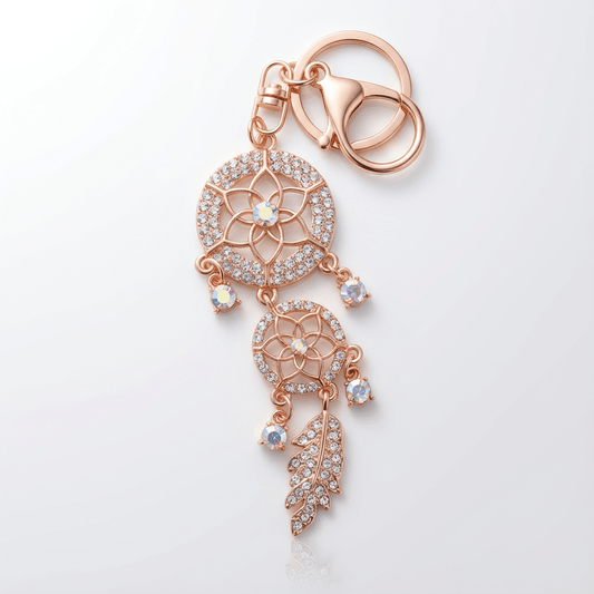 Rose Gold Crystal Dreamcatcher Keychain – Sparkling Feather Charm