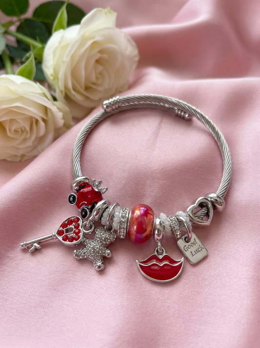 Silver-Tone Charm Bangle Bracelet – Red Crystal Key & Lip Charm Bracelet