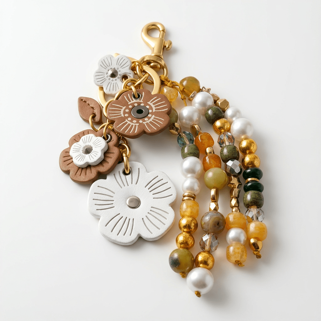 🌸 Handmade Floral Beaded Keychain – Boho Charm with Pearls & Gemstones
