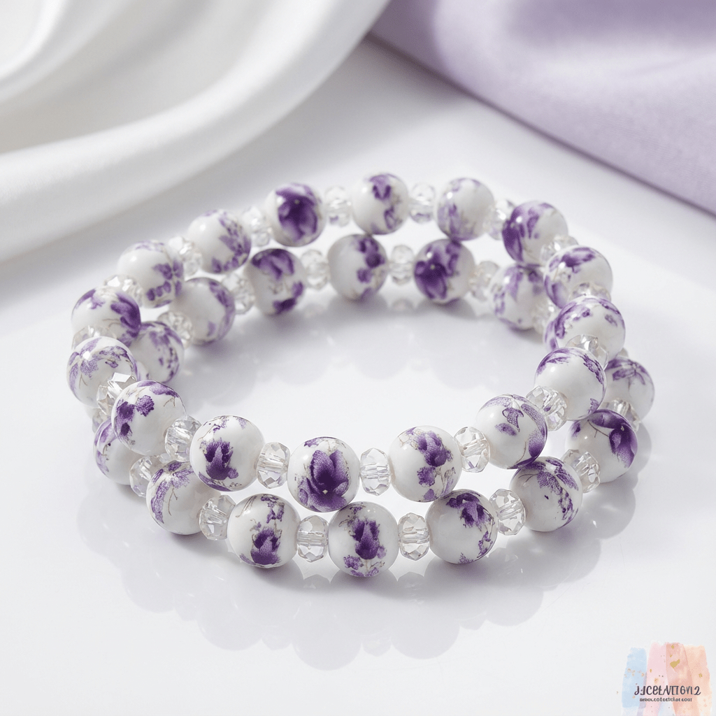 🌸 Elegant White & Purple Floral Beaded Bracelet Set 🌸