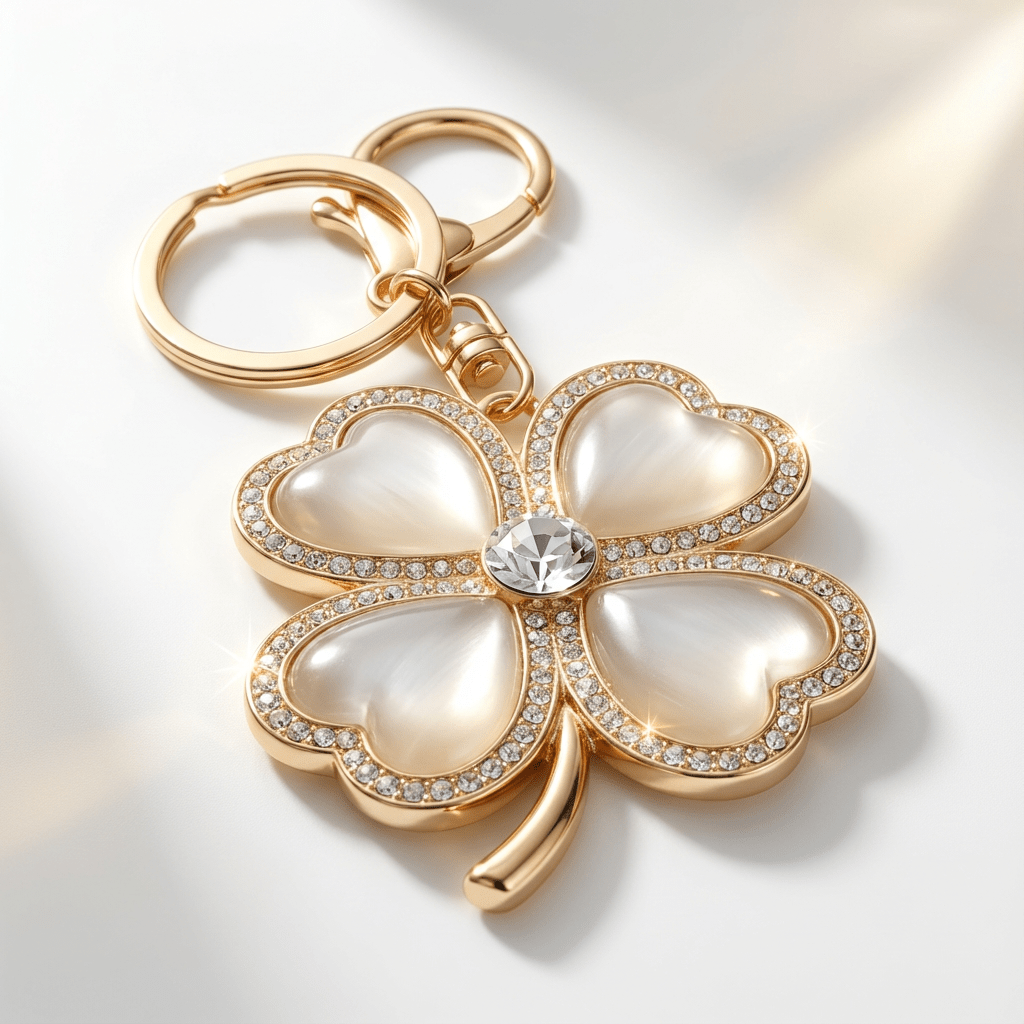 Elegant Cream Four-Leaf Clover Keychain – Crystal & Gold Lucky Charm Accessory