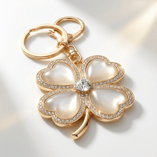 Elegant Cream Four-Leaf Clover Keychain – Crystal & Gold Lucky Charm Accessory
