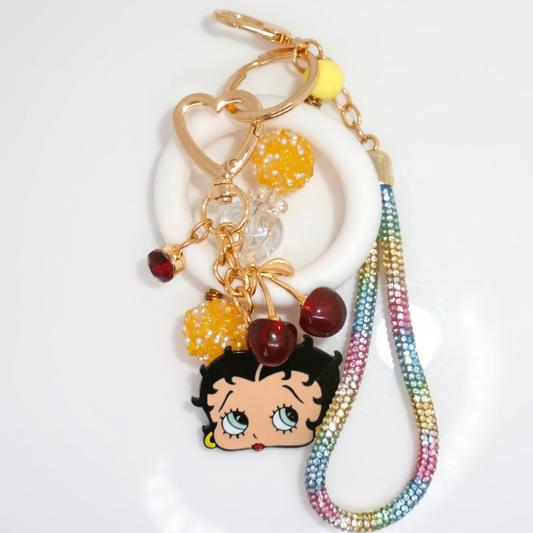 💖 Betty Boop & Fruit Charm Keychain – Colorful Beads & Fun Bag Accessory