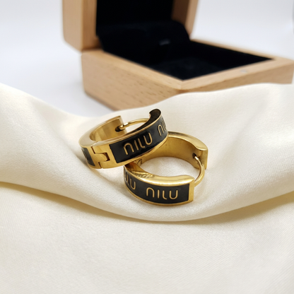 Gold Tone Designer-Inspired Hoop Earrings – Stylish Black Enamel Fashion Earrings