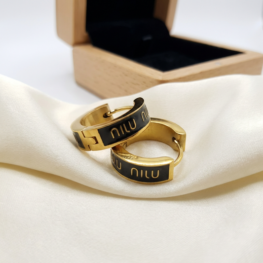 Gold Tone Designer-Inspired Hoop Earrings – Stylish Black Enamel Fashion Earrings