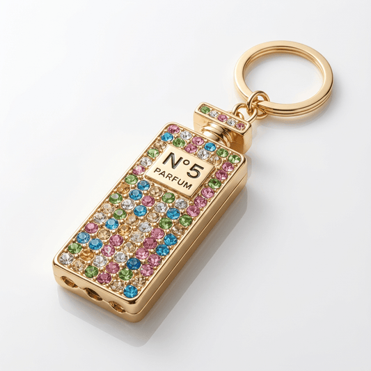 🌈 Sparkling Perfume Bottle Keychain – Multicolor Crystal No. 5 Design